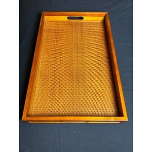 Vintage Wooden Rattan Large Serving Tea Fruit Dinner Tray 21" x 13.5”